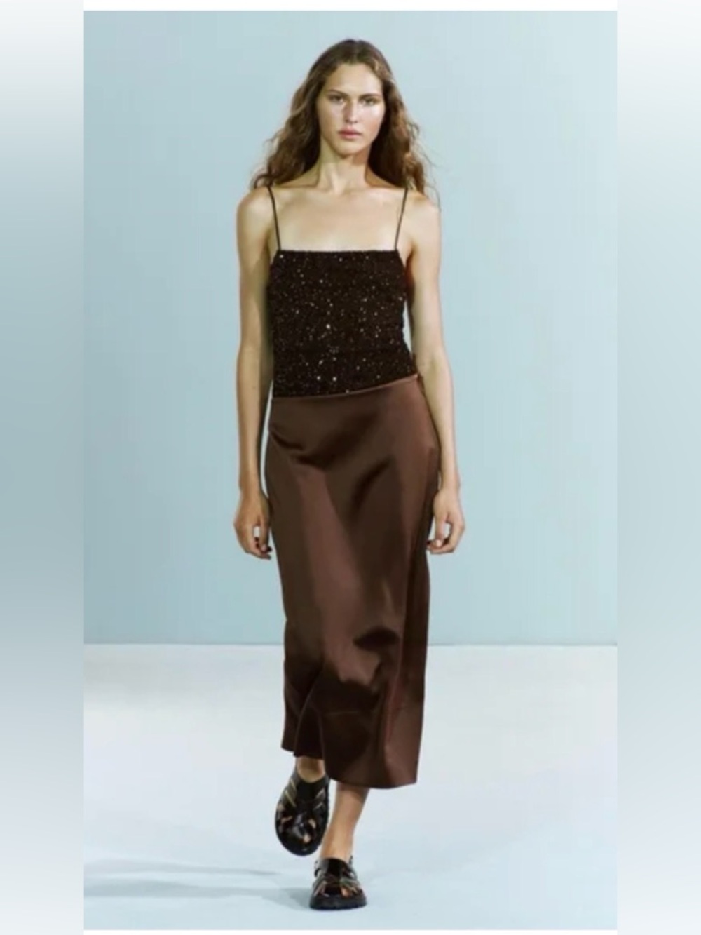 Zara Satin Midi Skirt in Deep Brown M